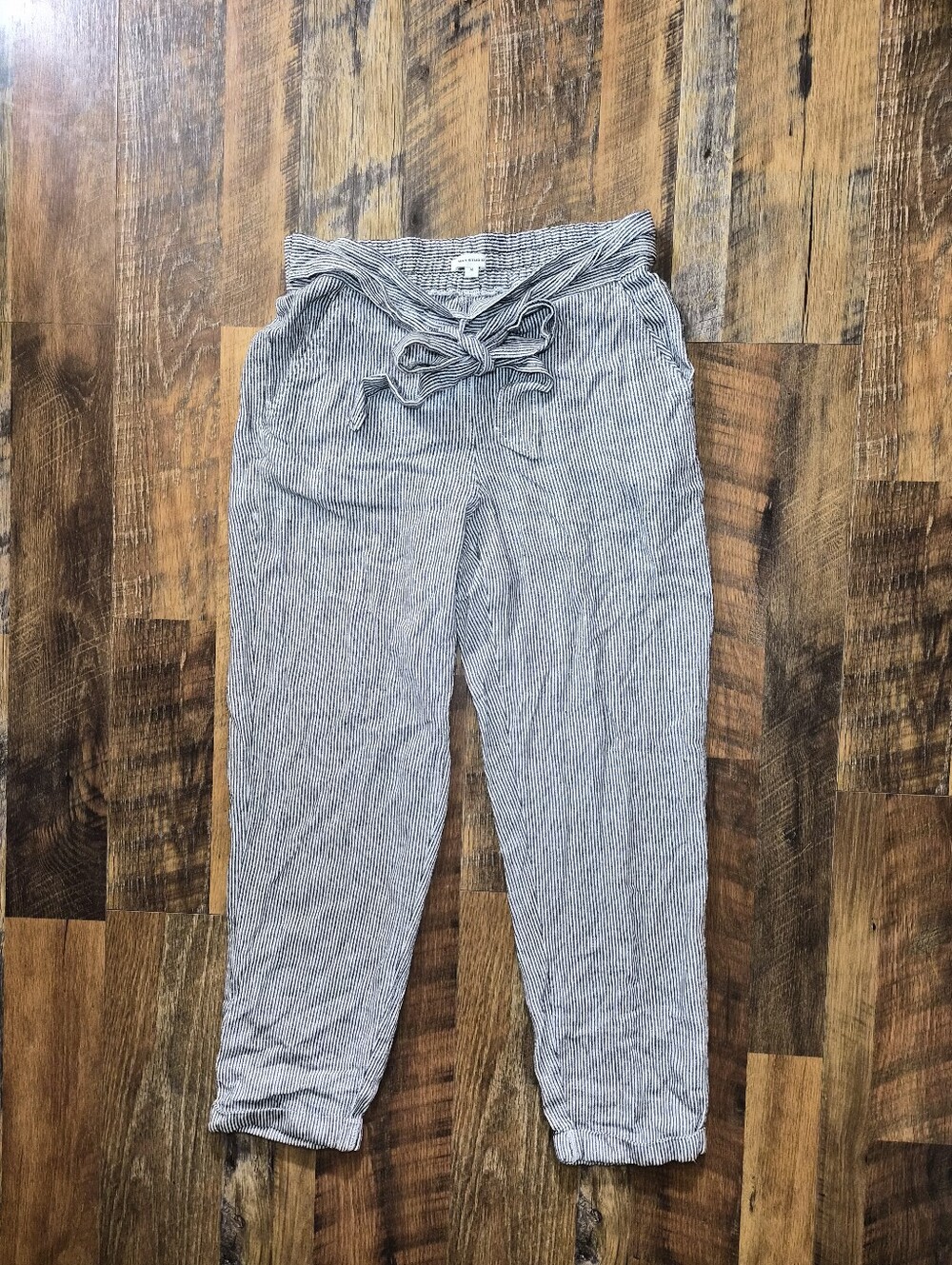 Max Studio Lightweight Striped Tie-Waist Linen Blend Pants Medium